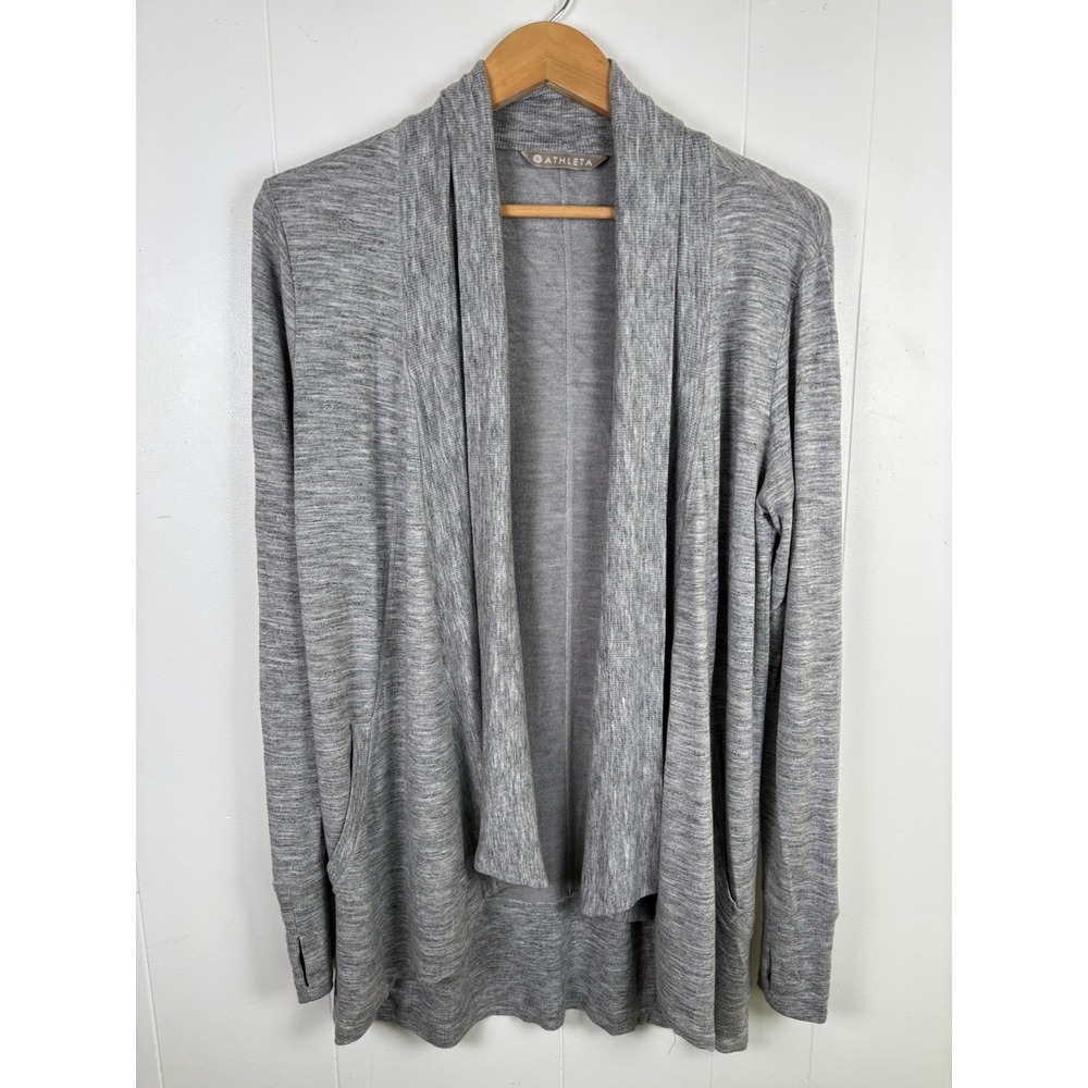Athleta Women's Size Small Heather Gray Open Front Draped Cardigan Pockets